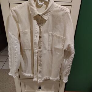 Womens Denim Jacket Patchwork Knitted Long Sweater Sleeve Shacket Size Small